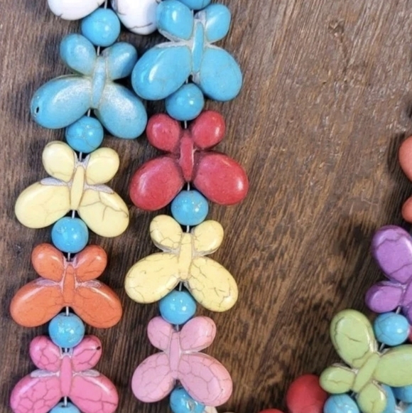 Double Strand Distressed Rainbow Butterfly Stone Beaded Necklace w/ Extender - Picture 3 of 12